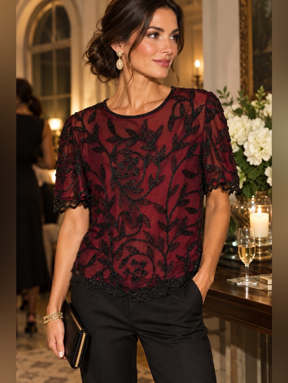 Vintage Burgundy Beaded Silk Sheer Floral Top Black Embroidered Evening Party S